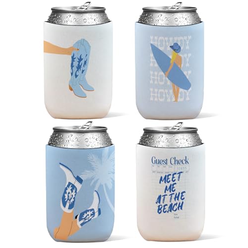 4 Pack Western Coastal Cowgirl Reusable Neoprene Insulator Cup Sleeve for Cold and Hot Drinks, Blue Western Preppy Beach Coastal Cowgirl Can Drink Sleeves Cooler Sleeves Gifts for Women - color: Coast Cowgirl（Blue)-cup