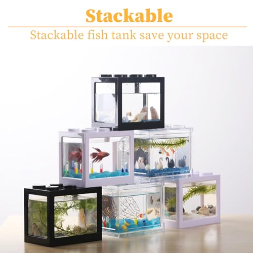 QTLCOHD 4Pcs Small Betta Fish Tank, 0.6 Gallon Stackable Mini Aquarium Tank, Rectangular Fish Bowl for Turtle, Reptile, Shrimp, Crab, Insects, Decoration (Black), Clear - color: black