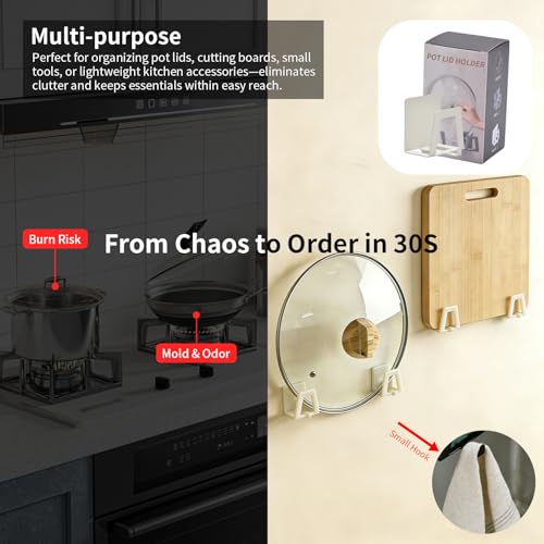 4 Pack Pot Lid Holders with Hook, Pot and Pan Hangers for Kitchen Inside Cabinet Wall Mount Rack Cabinet Door Lid Organizer, Save More Space, White - color: White