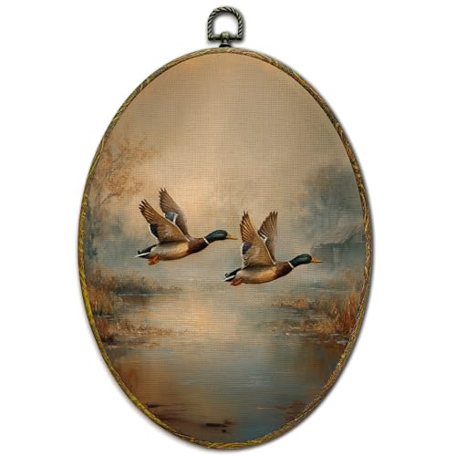 XFCICRLJ Vintage Fall Flying Mallard Duck Wall Art Decor, Rustic Farmhouse Oval Canvas Prints Framed, Cottagecore Farm Animals Landscape Wall Art Decorations for Home Bedroom Living Room Decor, 11x8.5 Inch - color: Duck03