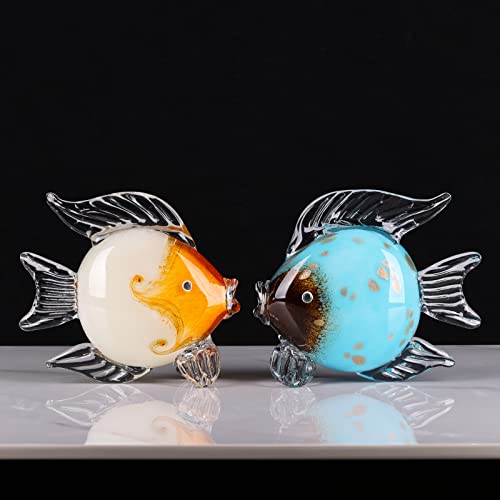 Large Glass Fish Figurines Hand Blown Glass Fish Statue and Sculpture Home Decor, Murano Animal Tropical Sea Glass Paperweights for Desk, Glass Aquarium Coastal Beach Decorative (light Orange)