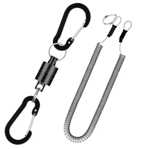 Magnetic Net Release Fly Fishing Net Retractor Magnetic Keychain, for Fly Fishing with Retractable Coiled Lanyard Carabiner - color: Black Aluminum