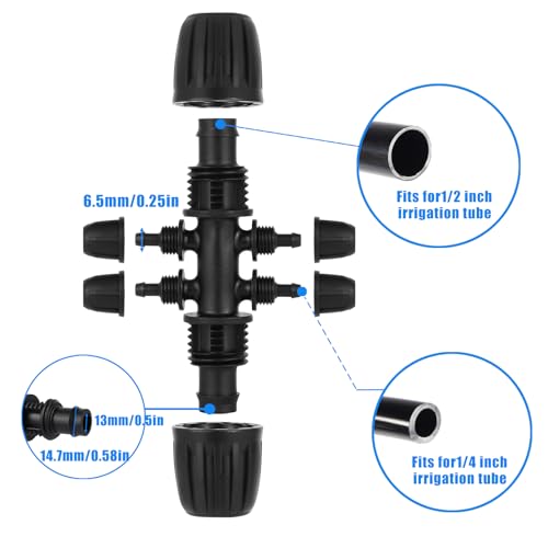 1/2 Inch to 1/4 Inch Tubing Irrigation Fittings for (1/2'' ID x 0.60''-0.63'' OD) 16mm Drip Tubing,Locked Barbed Tee Connectors (20 Pcs Barbed Tee 6-Way) - size: 20 Pcs 1/2 to 1/4 Inch Locked Barbed 6-Way