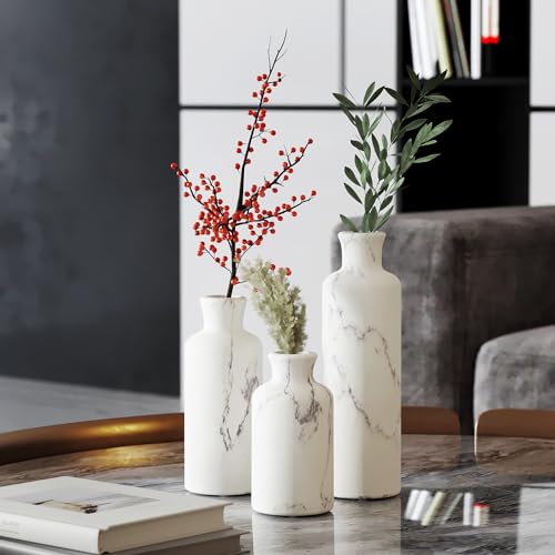 Creative Scents White Marble Look Vases Home Decor - Vase Set of 3 - Perfect for Holding Pampas Grass, Dried/Fresh Flowers, Vases for Your Kitchen, Bedroom, Office, Living/Dining Room, or Shelf Decor - color: Matte White Marble Look