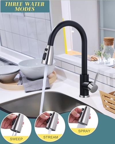 WOWOW Kitchen Faucets for Sink 1 or 3 Hole, High Arc Stainless Steel Kitchen Sink Faucet with Sprayer, Brushed Nickel and Black Faucet for Kitchen RV Laundry Sinks - color: Black & Brushed Nickel, style: Kitchen Faucet