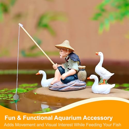 NIIIYTYB Floating Fish Tank Decorations Resin Fisherman Aquarium Decor Island Figurine with Mini Fishing Rod Funny Cool for Betta Bowl Zen Aquariums Small Fish Ornaments Interactive Decor