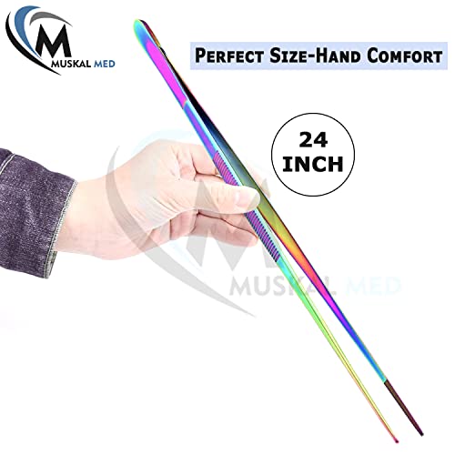 Aquarium Tweezers Stainless Steel Straight Tweezers For Fish Tank Aquatic Plants Long Handle Reptile Feeding Tongs,24 Inch Multi Rainbow Color
