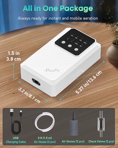 Pawfly Aquarium Air Pump, 64 GPH Rechargeable Fish Tank Air Pump for Tank Up to 65 Gallons, Ultra Quiet Adjustable Oxygen Pump with Airline Tubing, Air Stone & Check Valve, Aerator for Fish
