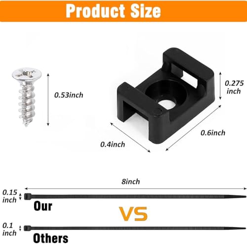Black Cable Zip Tie Mounts Kit-50 Pcs Cable Zip Tie Saddle Type Mounts Base with 50 Pcs 8" Cable Ties and 50 Pcs Tapping Screw, Wire Cable Clips Organizer Holders Clamps - size: H1-50PCS