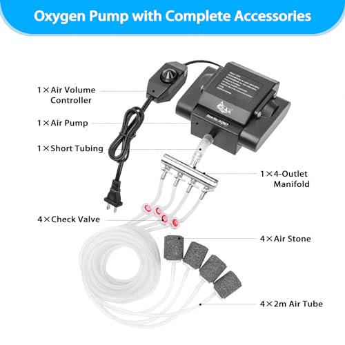 AQQA Aquarium Air Pump Powerful Pond Aerator Oxygen Pump 4 Outlets Adjustable Hydroponic Air Bubbler Pump with Air Stone Tube Air Valves for Up to 1000Gal (15W,356GPH) - size: 15W (356GPH)
