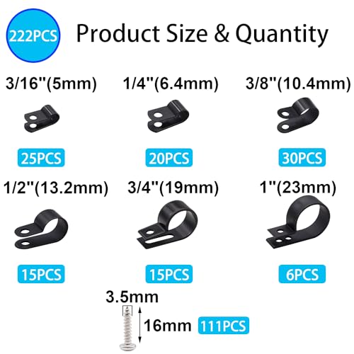 TWTADE 222PCS Black Cable Clamps Assortment Kit,Nylon Plastic R-Type 6 Sizes 3/16'' 1/4'' 3/8'' 1/2'' 3/4'' 1'' Cable Mounting Wire Clips Fastener with Screws for Wire Management - color: Black-222PCS