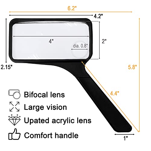 MAGDEPO 3X/5X Rectangular Large Handheld Magnifying Glass Bifocal Magnifier Acrylic Lens for Senior, Low Vision Reading Small Texts on Bottle, Labels, Menus, Hobbies