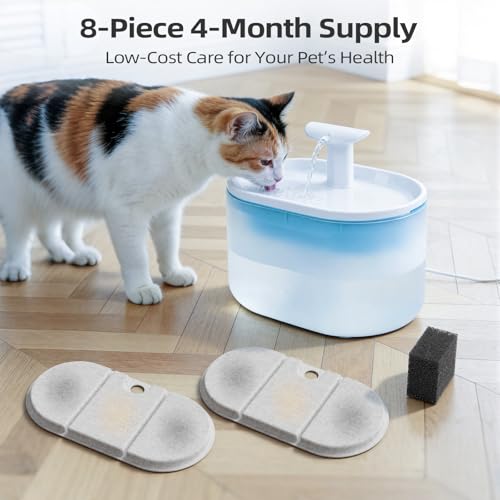 8-pack replacement filters, compatible with 71oz/2.1L Capsule Cat Water Fountain PLWF002. Comes with 8 filter sponges to remove impurities and keep pets' drinking water clean and healthy.