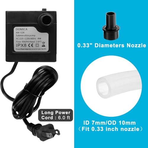 DOMICA (80GPH 4W) Mini Submersible Water Pump with 2.2FT Tube for Pond, Aquariums, Fish Tank, Hydroponics, Tabletop Fountain, Pet Fountain, Indoor or Outdoor Fountain Pump (AC Powered)