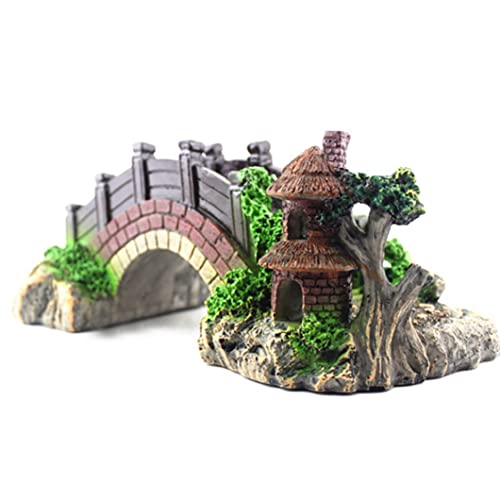 1pc Magical Aquarium Resin Decoration Colorful Bridge Pavilion Tree Rockery for Fish Tank, Fish Tank