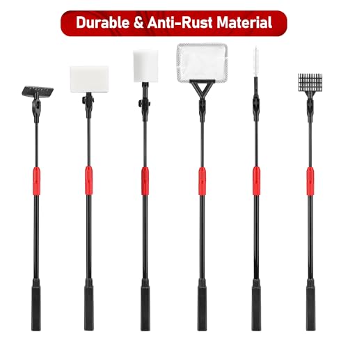 6-in-1 Aquarium Cleaning Tool Aquarium Algae Scraper for Fish Tank Including Fish Brush Sand Rake Pad Sponge Telescopic Handle Multi-Usage Aquariums Glass Cleaner Set for Slatwater Freshwater