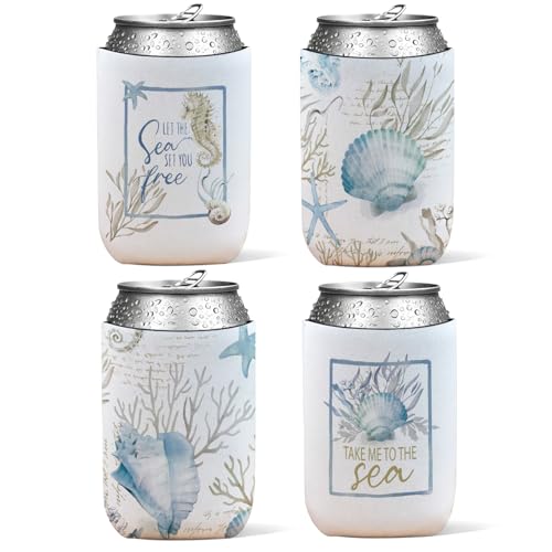 4 Pack Coastal Ocean Beach Reusable Neoprene Insulator Cup Sleeve for Cold and Hot Drinks, Coastal Beachy Seahorse Seashell Starfish Coral Can Drink Sleeves Cooler Sleeves Gifts for Women - color: Coast Let the sea set you free-cup