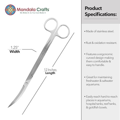 Mandala Crafts 12 Inches Silver Stainless Steel Curved Aquarium Scissors for Trimming Aquatic Plants – Bent Aquascape Scissors for Fish Tanks, Hospital Tanks, Goldfish Bowls, and Terrariums - color: Stainless Steel Curved Scissors, size: 12 Inches