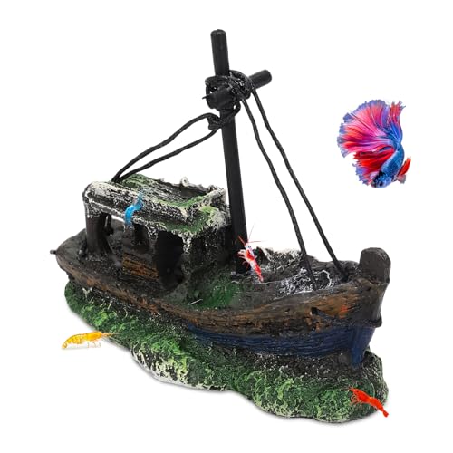 Small Boat Aquarium Decorations Resin - Sunken Shipwreck Fish Tank Ornament for Aquatic Adventure Scene-Approx. 4.9" L x 2.4" W x 3.9" H (Small Boat) - color: Small Boat