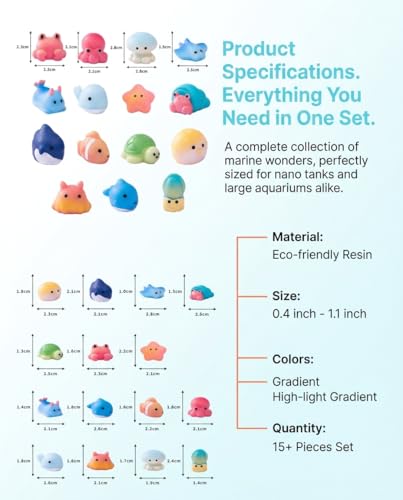 15 Pcs Mini Ocean Creatures Decor Set - Artificial Fish, Turtle, Octopus & Crab Polyresin Aquarium Ornaments for Fish Tanks, Tank Decorations