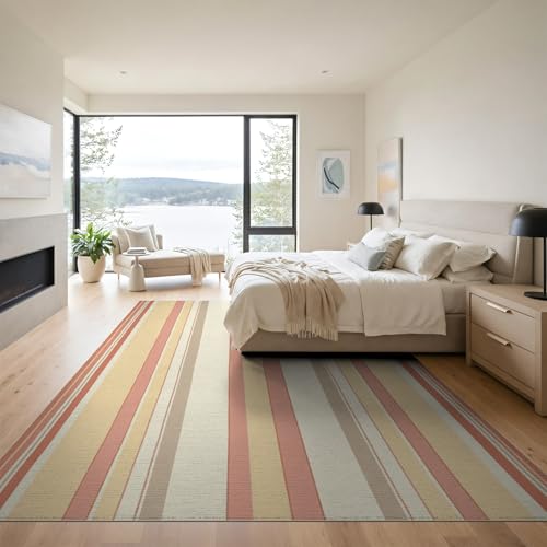 9'x12' Washable Minimalist Stripe Oversized Rug, Beige Non-Shedding Pet Friendly Carpet for Master Suite, California King, Under Bed, Foldable Easy Care Mat | Ref:1993949 - color: Beige/Pattern 23, size: 9' x 12' (Rectangular)