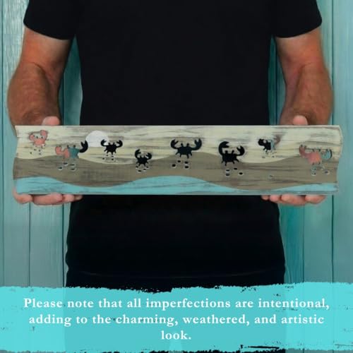 Crab Driftwood Wall Art & DIY Key Holder – Handmade Coastal Home Decor – 17.5" Genuine Weathered Wood Plank with 5 Removable Hooks for Keys, Leashes, and Jewelry – Beach House Entryway Organizer (Crab Parade) - style: Crab Parade