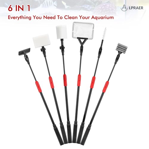 Lpraer Multifunction 7 PCS Aquarium Cleaning Tools Bundle Kit Set Adjustable Fish Tank Cleaner w/Long Telescopic Extended Handle,Fish Net,Algae Scraper, Sponge Pad, Gravel Rake & Cleaning Brush
