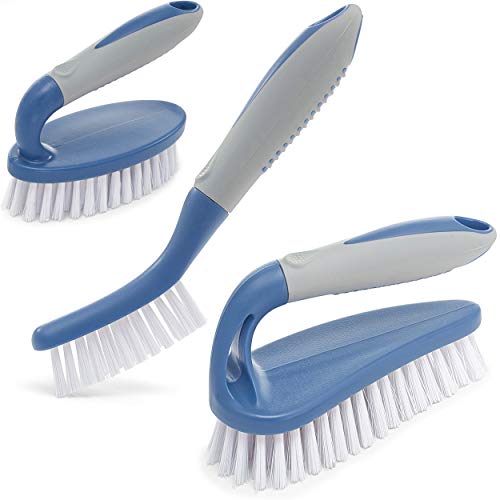 Scrub Brush Set of 3pcs - Cleaning Shower Scrubber with Ergonomic Handle and Durable Bristles - Grout Cleaner Brush - Scrub Brushes for Cleaning Bathroom/Shower/Tile/Kitchen/Floor/Bathtub/Carpet, Blue - color: Blue, Set of 3