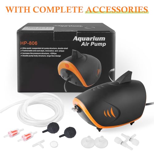 HITOP 4W 110GPH Powerful Aquarium Air Pump, Quiet 2-outlets Aquarium Aerator, Adjustable Fish Tank Air Pump with Accessories, for 20-200 Gallon Tank, with ON/Off Button and LED-Decor - style: 4W with LED-Decor