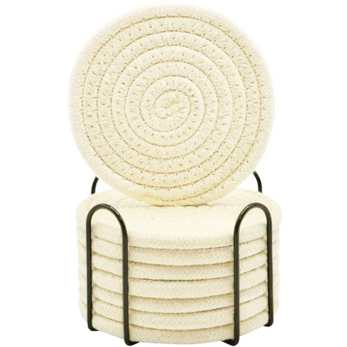 ABenkle 8 Pcs Drink Coasters with Holder, Cotton Woven Absorbent Coasters for Drinks, Minimalist Home Decor Coaster Set for Wooden Tabletop Protection Table, 4.3 inches - color: Off White, size: 8 Pcs