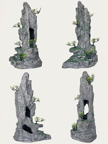 Aquarium Decor - Tall and Large Mountain Rock Ornament for Fish Tank, Aquarium Hideout with Rock Texture for Betta, Guppy, Shrimp - Safe Aquatic Decoration, Fish Hiding House（Grey） - color: Tall Peak Rock - Grey