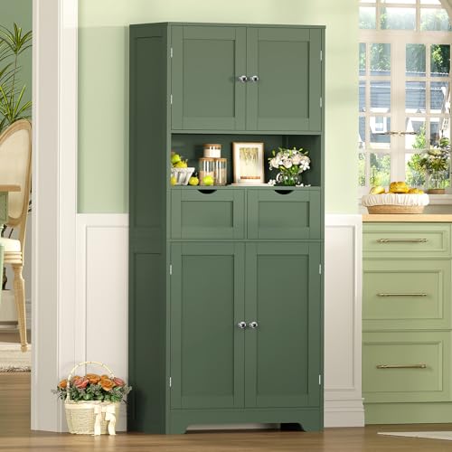 TEENFON 57.8" H Tall Bathroom Storage Cabinet with 2 Drawers & 2 Adjustable Shelves, Floor Cabinet with 4 Doors, Tall Cabinet for Living Room, Dining Room, Entryway, Forest Green - color: Forest Green 2 Drawers