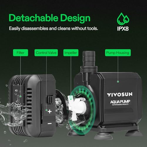 VIVOSUN 400GPH Submersible Pump(1500L/H, 15W), Ultra Quiet Water Pump with 5.2ft High Lift, Fountain Pump with 5ft Power Cord, 3 Nozzles for Fish Tank, Pond, Aquarium, Statuary, Hydroponics - size: 400GPH