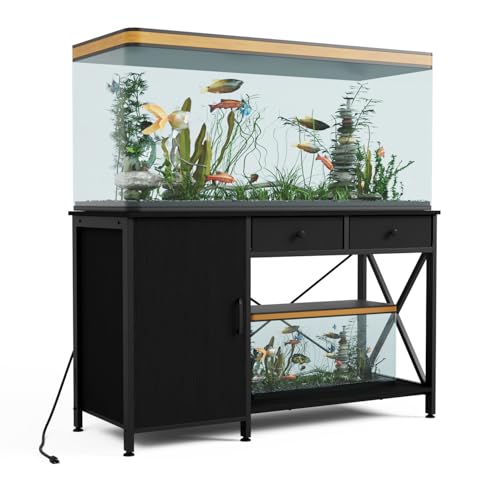 55-75 Gallon Fish Tank Stand, Aquarium Stand with Cabinet Accessories Storage, Metal Frame Turtlr Tank Stand with Power Outlets, 40.55" L*18.89" W Tabletop, Black (Black, 55-75 Gallon)