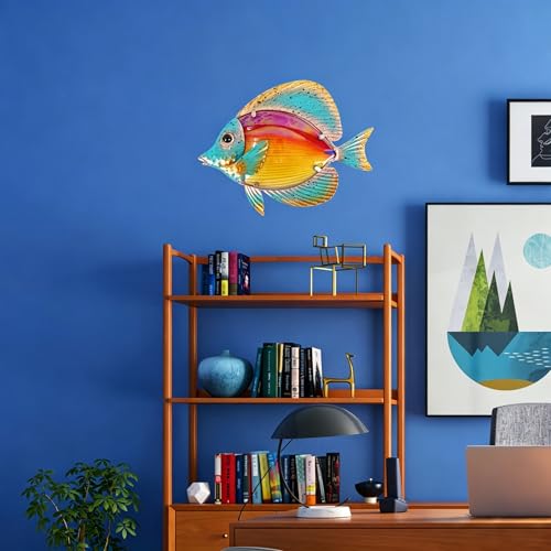 Metal Fish Wall Decor Hanging Glass Sculpture Art for Garden Yard Living Room Bedroom Patio Balcony Sea Wall Home Ocean Theme Kitchen Pool Porch, Outdoor Indoor Decorations Ocean Hanging, Orange