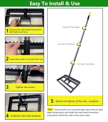 Lawn Leveling Rake - Heavy Duty Yard Leveler , Reinforced Welds, 74" Adjustable Handle, Reversible Plate for Soil, Dirt, Ground, Backyard Top Dressing, Landscaping (17x10 inch)