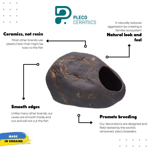 Plecoceramics Cichlid Stone Decoration - Aquarium cave for Cichlids, Betta, Small Fish - Fish Tank Hideway Decor - Betta Toys Hideout Stones House (Magma Stone Large)
