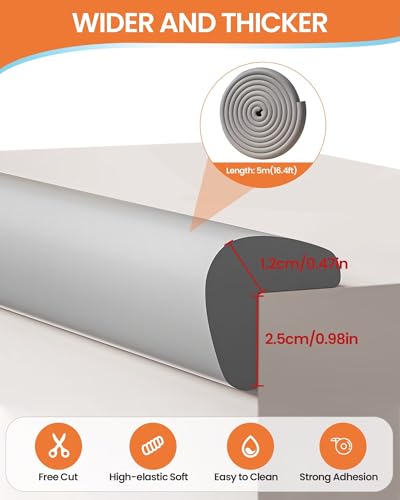 Baby Proof Edge Corner Protector, 16.4FT 0.47''Th L-Shape Furniture Corner & Edge Safety Bumpers with 10 Corners, Pre-Taped, Soft NBR Rubber Foam Desk Edge Cushion Wall Corner Protector (Grey) - color: Gray, size: 0.47''Th (16.4ft)