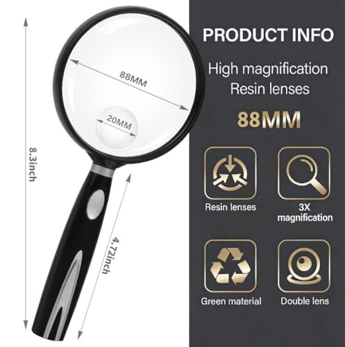 Feosky Handheld Reading Magnifier, Magnifier, 90mm Shatterproof Lens, Non-Slip Handle for Adults Close Work, Seniors Reading and Nature Exploration, Hobby Observation(Silver) - color: Silver, size: 90mm