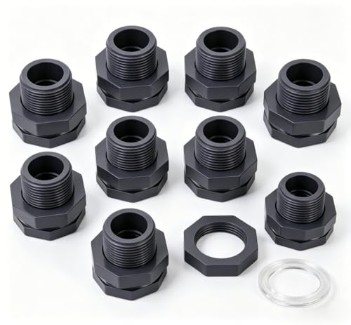 8 Pcs 3/4 Inch Bulkhead Fitting Gasket Bulkhead Water Connector Double Threaded PVC Bulkhead Adapter with Plugs for Rain Barrels,Aquariums,Water Tanks,Tubs,Pools