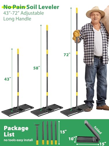 Lawn Leveling Rake Heavy Duty, 30x10 in Large Soil Leveling Rake, Ground Leveler with Anti Flipping Smooth Edge for Dirt Sand Grass Golf, 72" Long Handle, Foldable Garden Landscaping Levelawn Tools