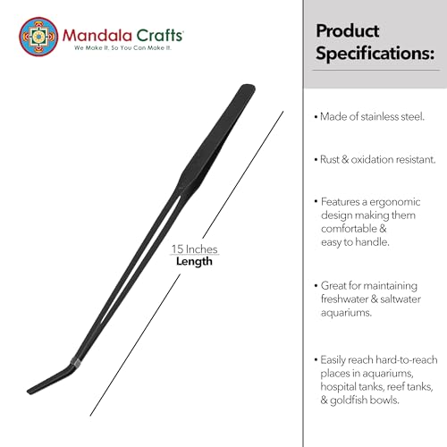 Mandala Crafts 15 Inches Black Stainless Steel Curved Aquarium Tweezers for Aquatic Plants – Long Aquascape Forceps for Fish Tanks, Hospital Tanks, Goldfish Bowls, and Terrariums - color: Black Curved Tweezers, size: 15 Inches