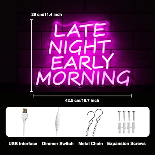 Bar Neon Sign Late Night Early Morning Neon Signs for Wall Decor Beer LED Neon Sign Pink Letter Neon Light Sign Dimmable Neon Lights for Bedroom Bar Party Hotel Club Party Man Cave Decor - color: Pink