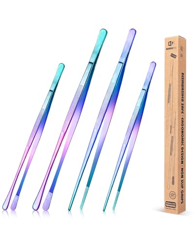 4 Pcs Fine Long Tweezer Tongs Professional Rainbow, 12'' and 10'' Stainless Steel for Kitchen, Food, Cooking, Repairing, Sea food and BBQ - color: Rainbow