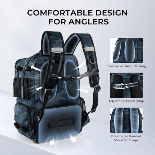 KastKing BaitSpace Fishing Tackle Backpack with Removable Bait Binder,2 Rod Holders Storage Fishing Gear and Equipment - color: G: Blue Camo（Without tackle box）