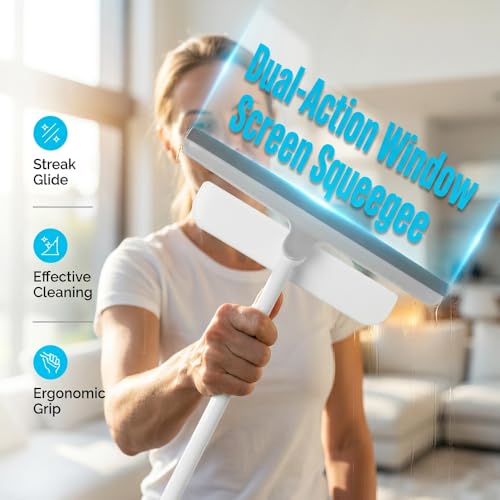 2-in-1 Window Screen Cleaner Brush with Squeegee, 360° Rotation Silicone Shower Windshield Squeegee with Lightweight Anti-Slip Grip for Window Screens Cars Glass Mirrors Shower Doors Tiles (Teal) - color: Teal