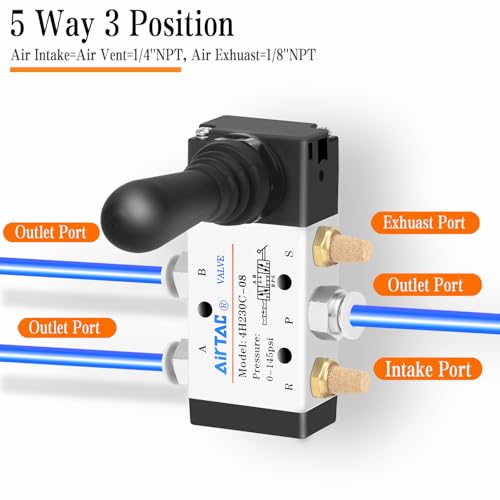 AirTAC 1/4"NPT 5 Way 3 Position Pneumatic Solenoid Valve Manual Control Push-Pull Air Hand Lever Operated Valve 4H230C-08 - size: 1/4"NPT, style: 5 Way 3 Position
