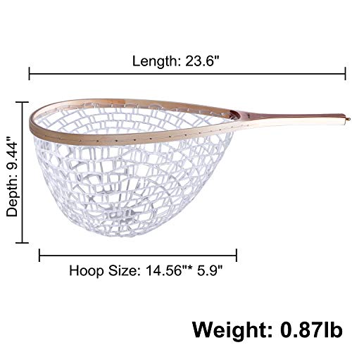 PLUSINNO Fly Fishing Net, Wooden Frame Fishing Landing Net with Magnetic Release, Soft Rubber Mesh Net for Trout Bass Catch and Release, Magnetic Fly Fishing Gear
