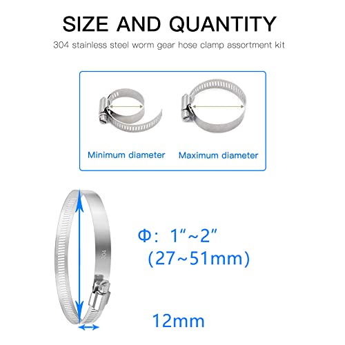 Quickun 10Pcs 2" Stainless Steel Hose Clamp Worm Gear Clamps Adjustable 1"-2"(27-51mm) Range, Fuel Line Clamp for Water Pipe, Hose Clips, Automative and Mechanical Application - size: 1.00"-2.00"