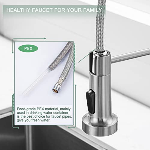 WEWE Kitchen Faucets, Brushed Nickel Kitchen Faucet with Pull Down Sprayer, Industrial Spring Single Handle Stainless Steel Kitchen Sink Faucet with Deck Plate, 1 Hole or 3 Hole for Laundry Rv - color: Brushed Nickel, style: Classic
